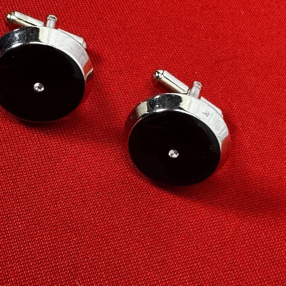 Vintage Men's Black Enamel Round Cufflinks With Faux‎ Diamonds